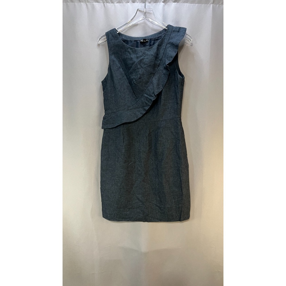 Allen B. Allen Schwartz Sheath Dress Women 10 Blue Lined Sleeveless Ruffle Front